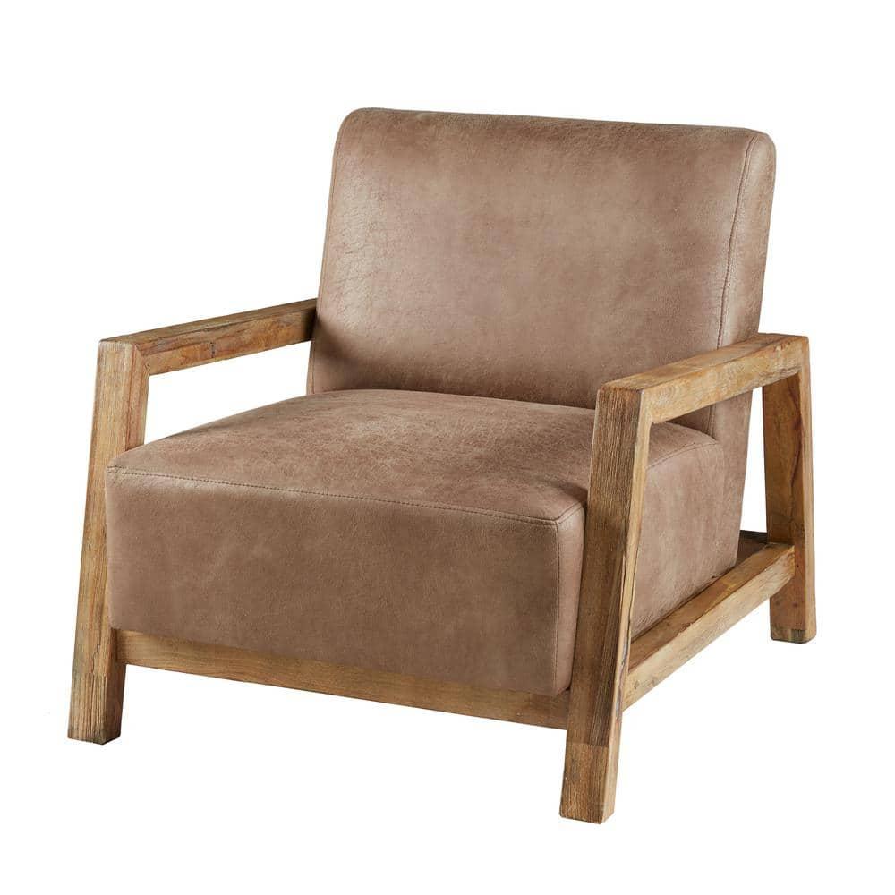 Easton Accent Chair Taupe/Natural: Solid Wood Arms, Reclaimed Finish, Polyurethane Leather