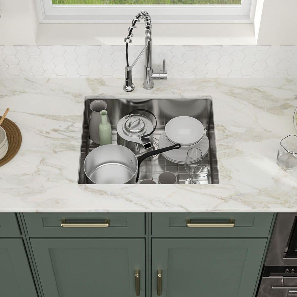 Logmey 25 Inch Drop In Kitchen Sink 25x22 In Handmade Stainless Steel Kitchen Sinks 16 Gauge Topmount Sink Single Bowl Round Corner Sink Bar Sink Prep 25x22x9 Inches