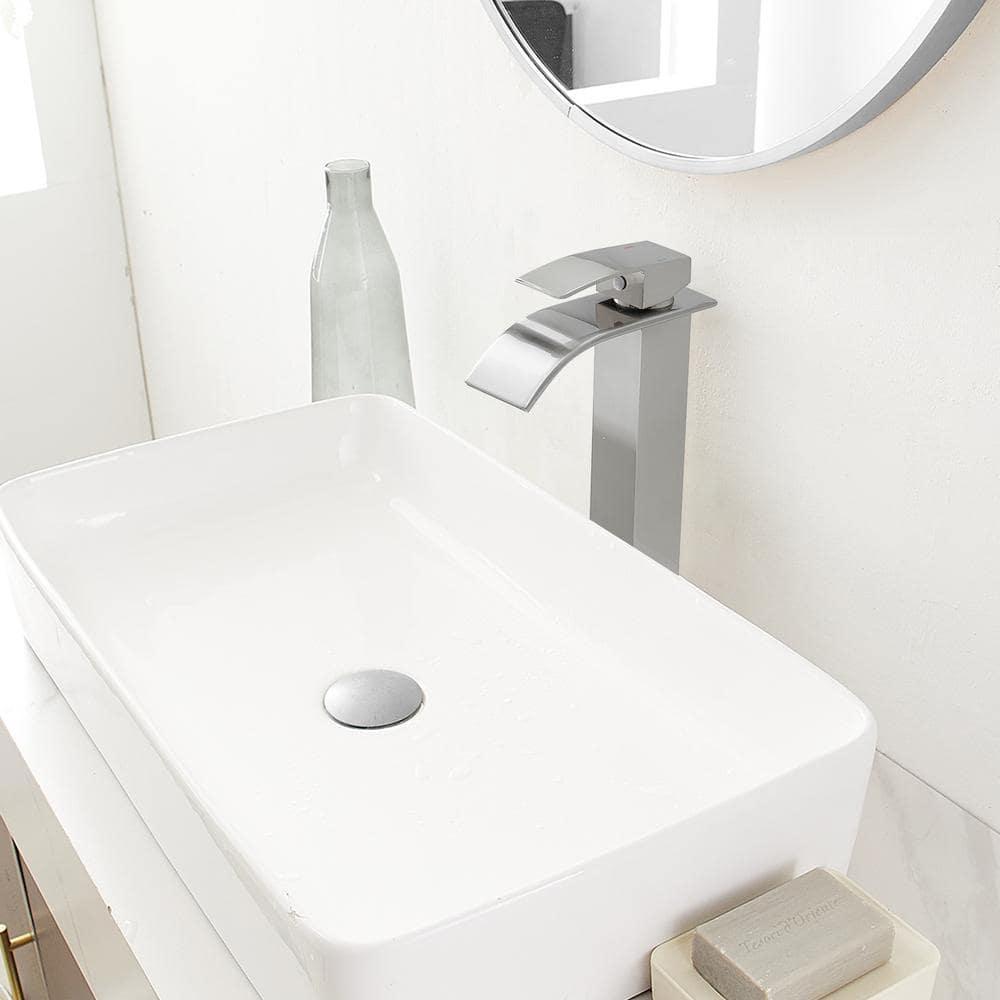 VOTON Vessel Sink Faucet Brushed Nickel Modern Tall Waterfall Bathroom Sink Faucet Single Handle Bathroom Faucet 1 Hole Bowl Lavatory Vanity Faucet, Rv Sink Camper Farmhouse Bathroom Faucet