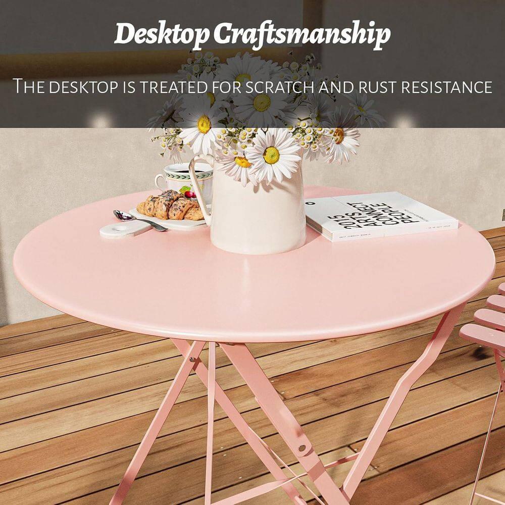 3-Piece Patio Bistro Set Outdoor Furniture Set Folding Bistro Table and Chairs with Premium Steel Frame Weather Resistant Conversation Set for Bistro Balcony Porch Yard Garden(pink with cushion)