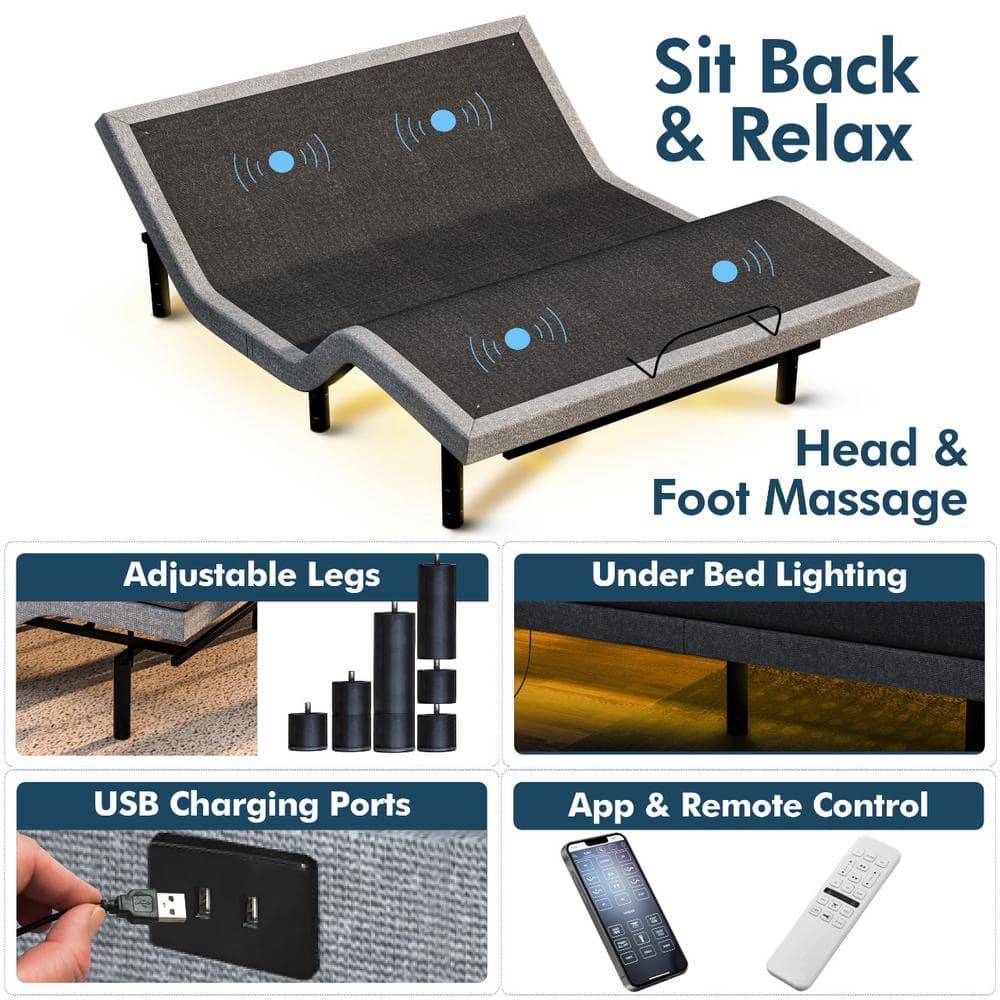 Renanim Serenityflex Adjustable Base & Hybrid Mattress – Split King-Size Adjustable Base with 12 in. Cooling Gel Mattress, Massage, USB Ports, Remote & Under-Bed Light – Reclining Electric Bed Frame
