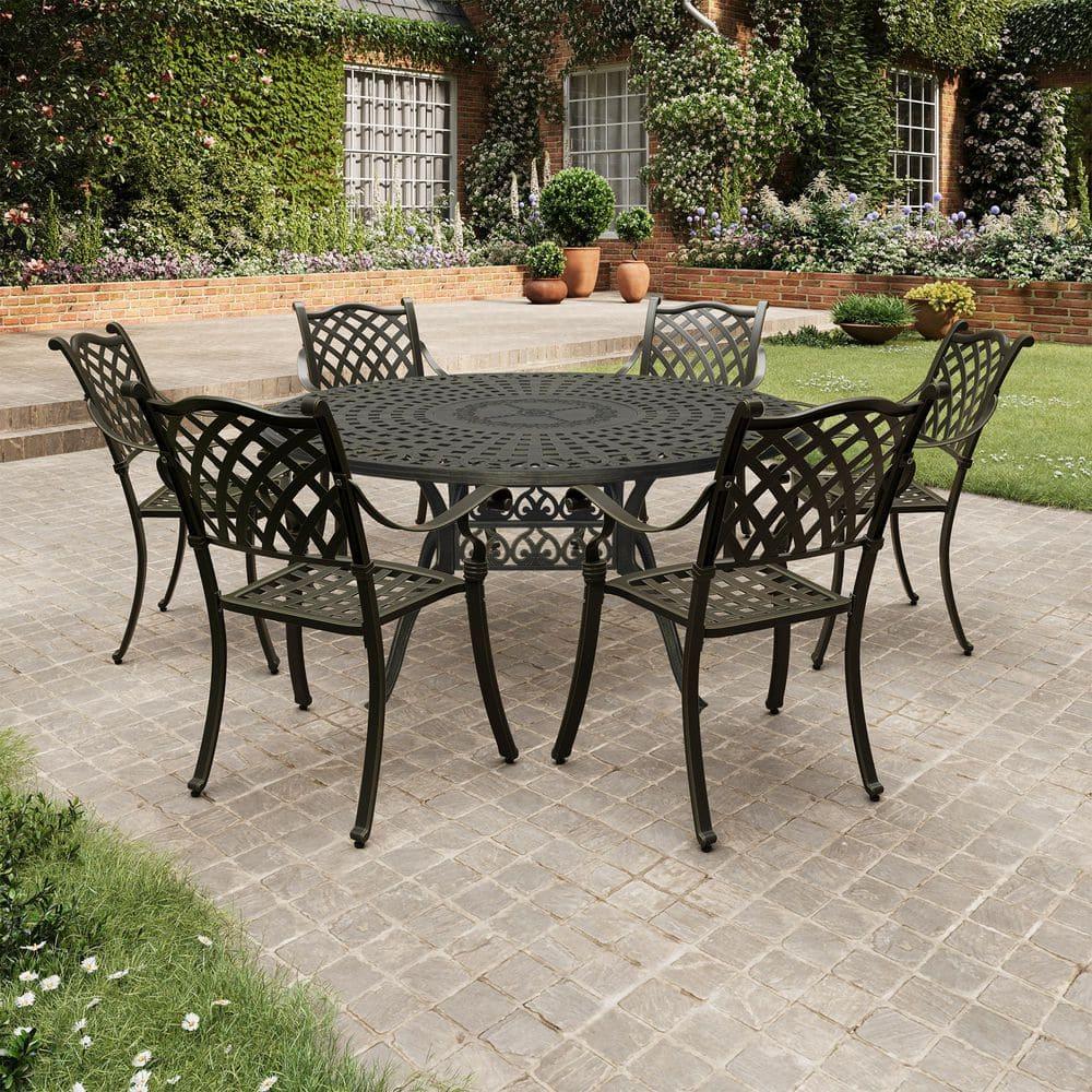 PATIO-IN Outdoor Dining Set, 7-Piece Cast Aluminum Patio Table and Chairs Set, Black