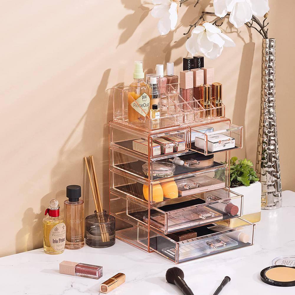 Sorbus 2 Piece Acrylic Makeup and Jewelry Storage Organizer Case (6 Drawers and Lipstick Tray) - Pink