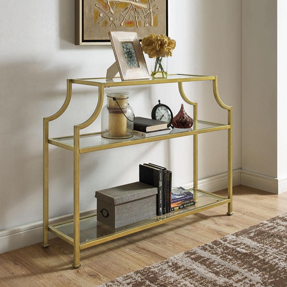 Aimee Console Table - Crosley: Elegant Steel Frame, Clear Glass Top, Fixed Shelf, Entryway Furniture