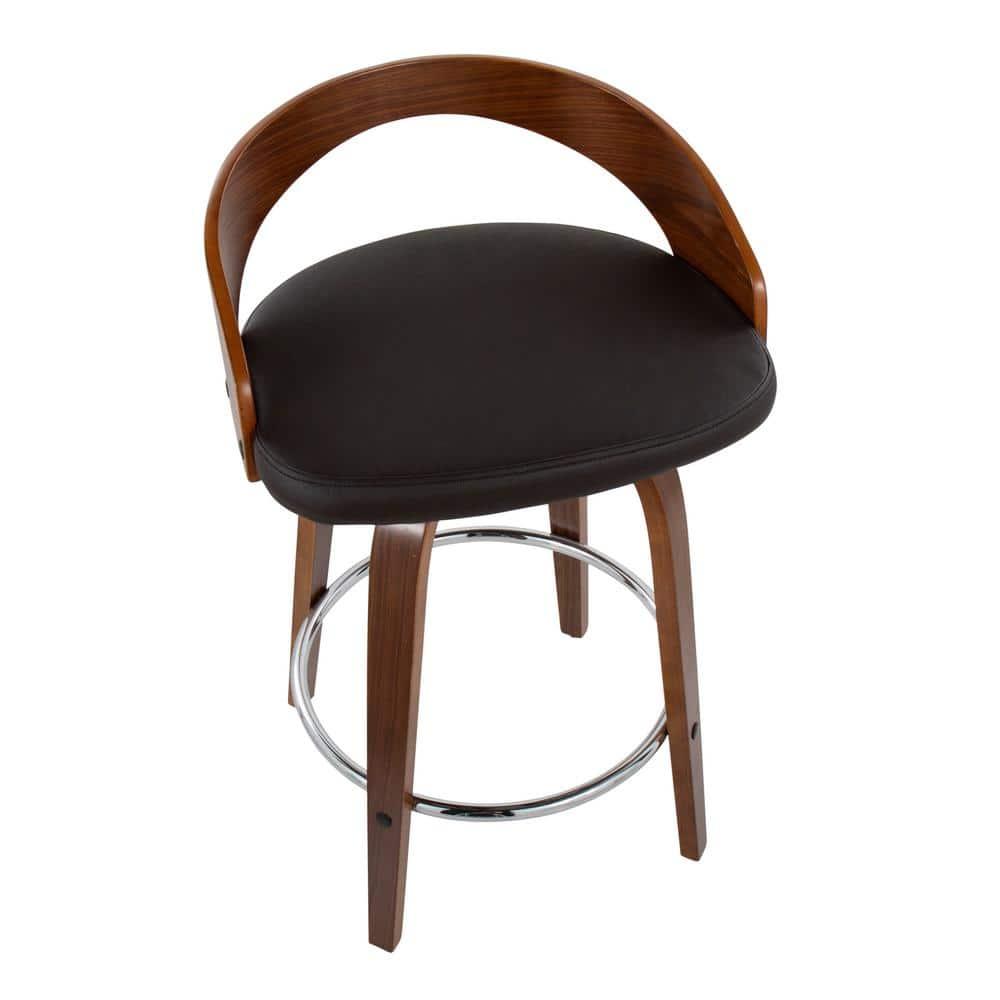 Set of 2 Grotto Upholstered Counter Height Barstools Brown/Walnut - Lumisource: Chrome Footrest, Wood Legs, Swivel Seat