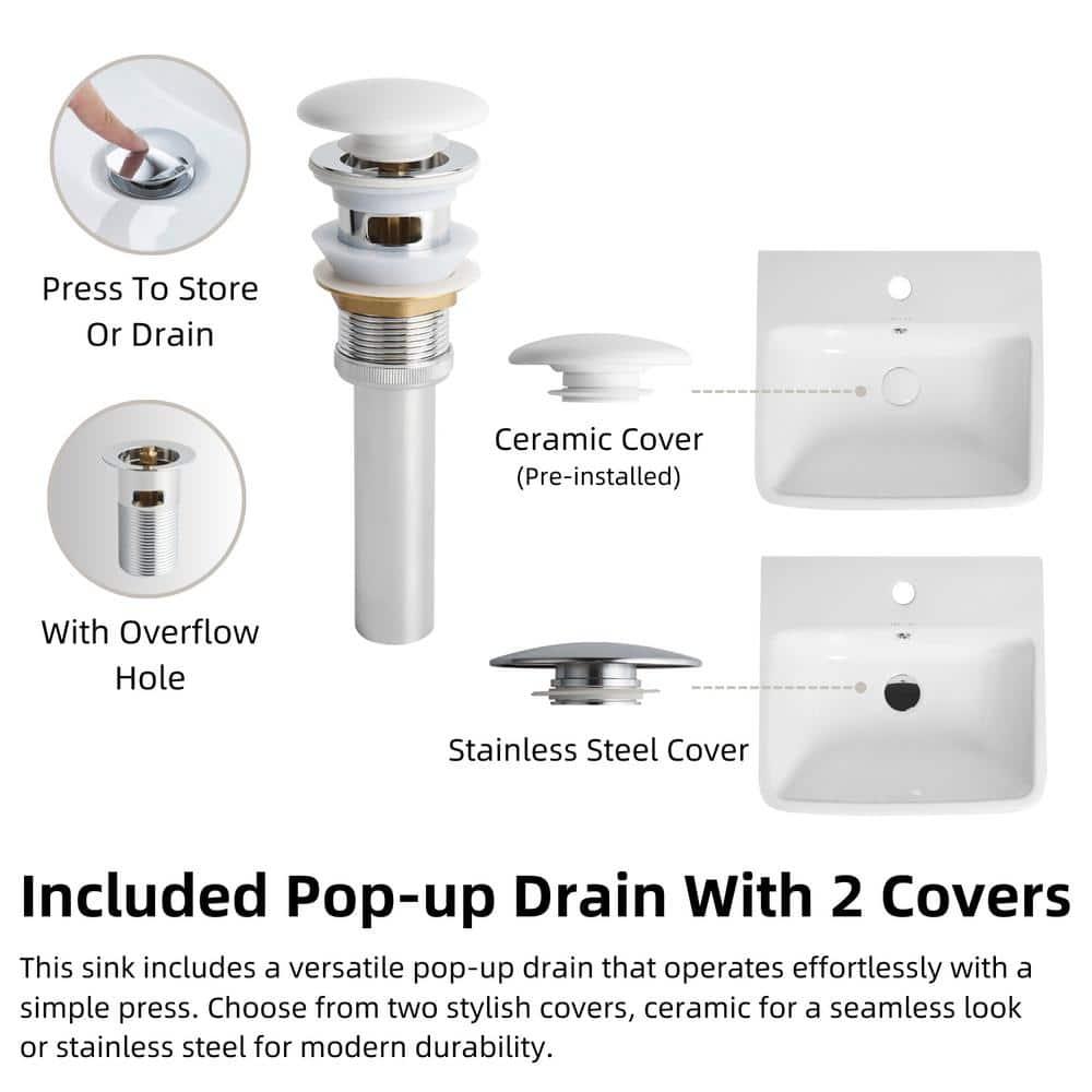 Los Flexi Wall Mount Sink with Overflow, Modern Floating Bathroom Vessel Sink, Single Faucet Hole, Pop-up Drain Included