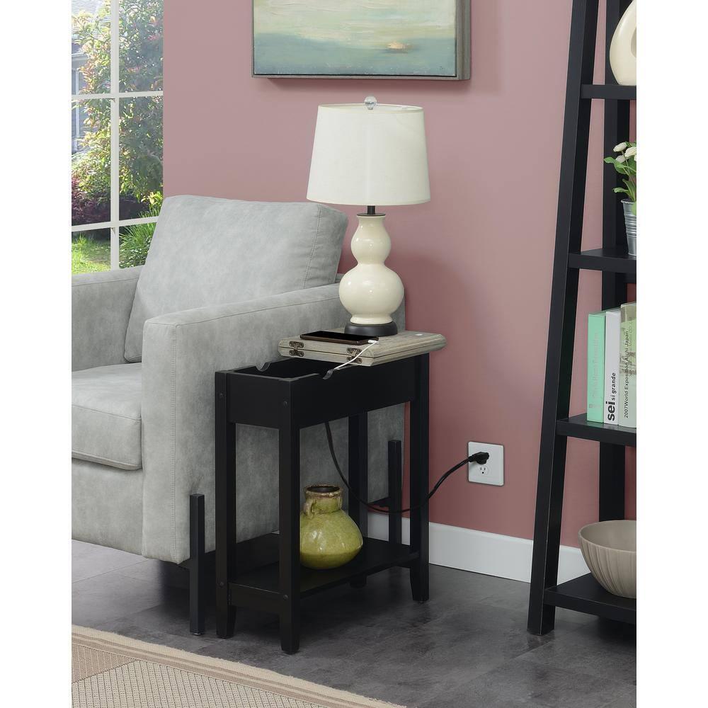 Convenience Concepts American Heritage Flip Top End Table with Charging Station, Faux Birch/Black