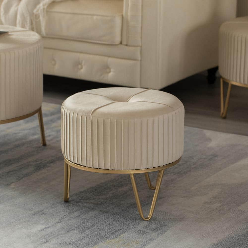 Fabulaxe Round Velvet Ottoman Stool Raised with Hairpin Gold Base, Cream, Small
