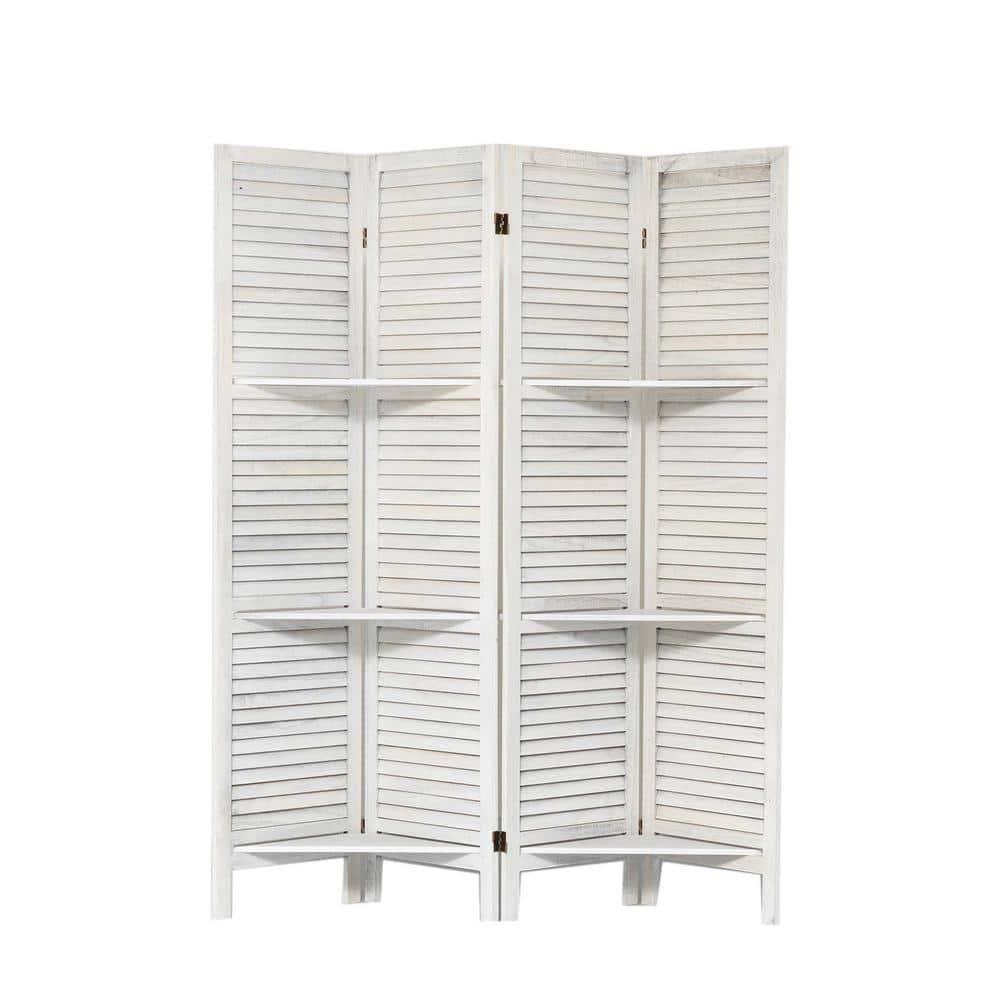 Dovelina 4 Panel Room Divider with Shelves, 5.6Ft Portable Wood Room Partitions, White