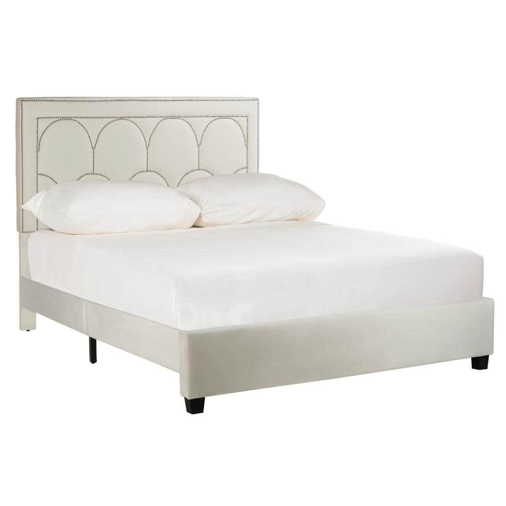 SAFAVIEH Solania Glam Upholstered Bed Frame with Nail Head, Queen, Cream