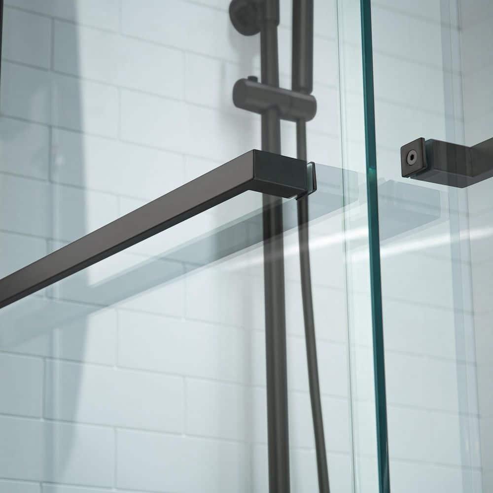 WoodBridge Semi-Frameless Single Sliding Shower Doors, 56-60" W X 76" H With 5/16" Clear Tempered Glass And Explosion-Proof Film MSDF6076-MBL
