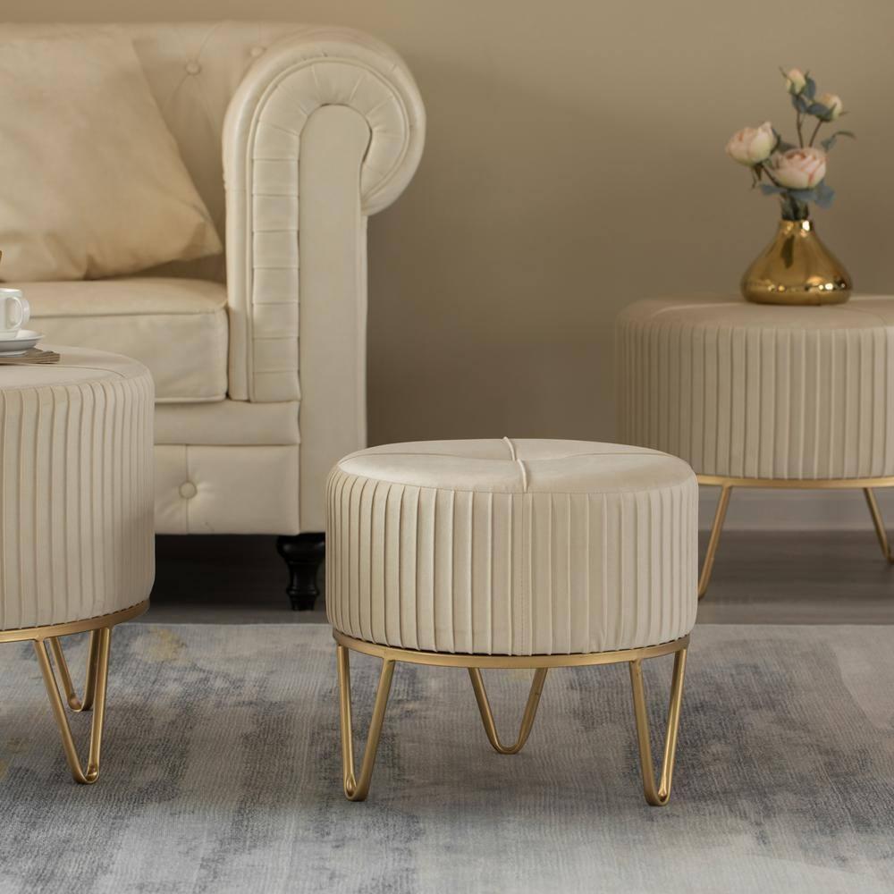 Fabulaxe Round Velvet Ottoman Stool Raised with Hairpin Gold Base, Cream, Small