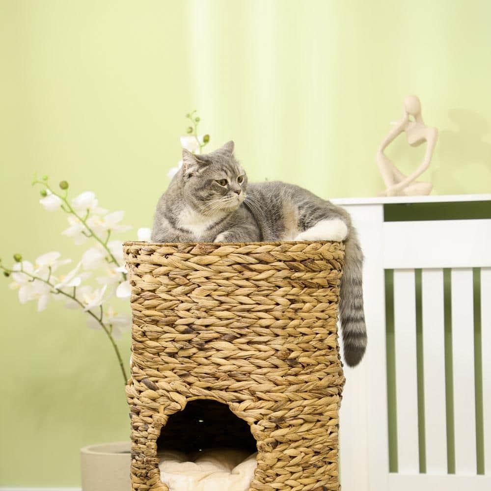 Ophelia & Co. Elevated Cat Bed With Three Hideaways & Four Soft Plush Cushions, Cat Tower With Hand-Woven Materials, Multi-Layer Raised Kitten Bed Caves