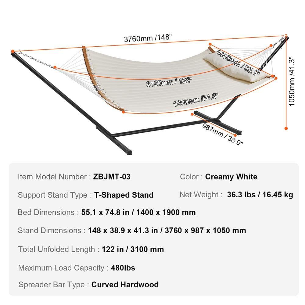 VEVOR Double Hammock with Stand Outdoor 2 Person Hammock for Outside Heavy Duty 480lb Large Free Standing Hammock Double Quilted Fabric Hammock with Portable Stand, Detachable Pillow & Bag