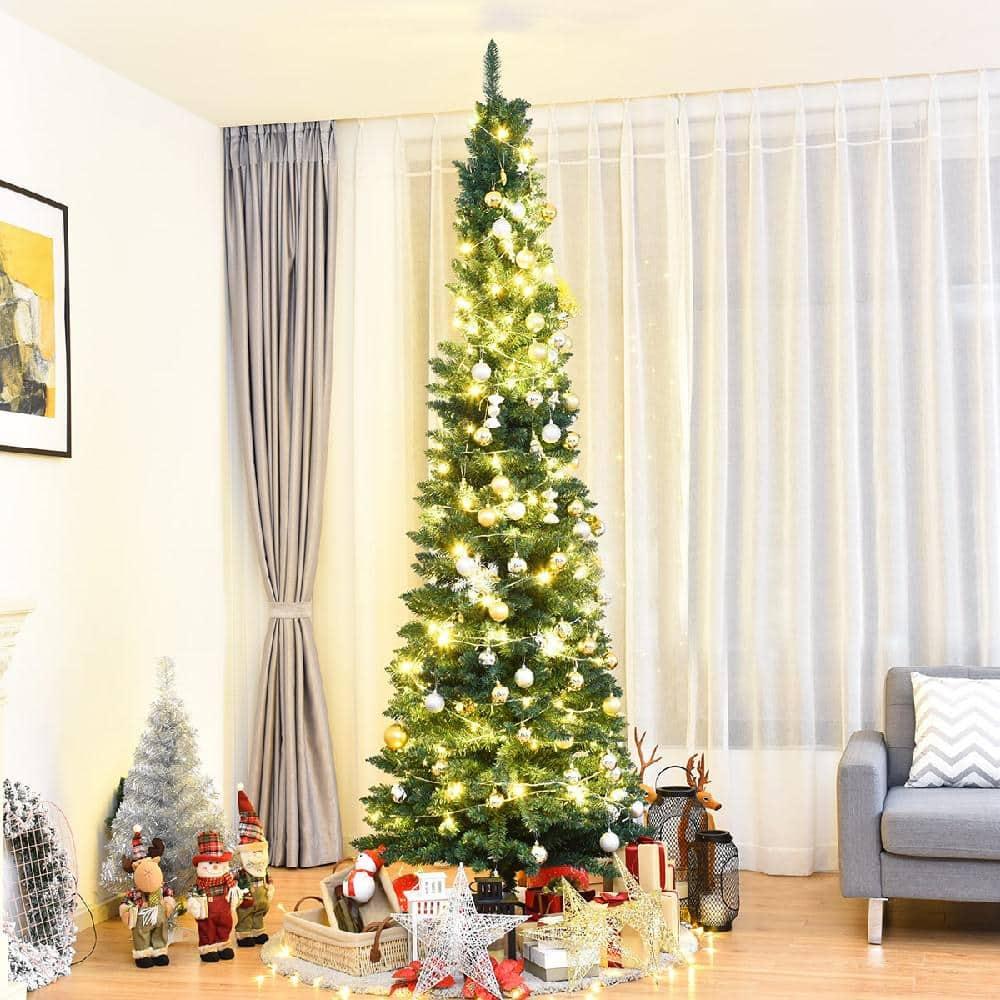Costway 9Ft PVC Artificial Pencil Christmas Tree Slim Stand Green