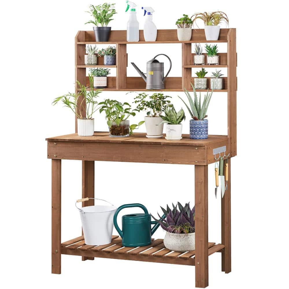 Yaheetech Potting Bench Table with Display Rack/ Storage Shelf/ Hanger, Brown