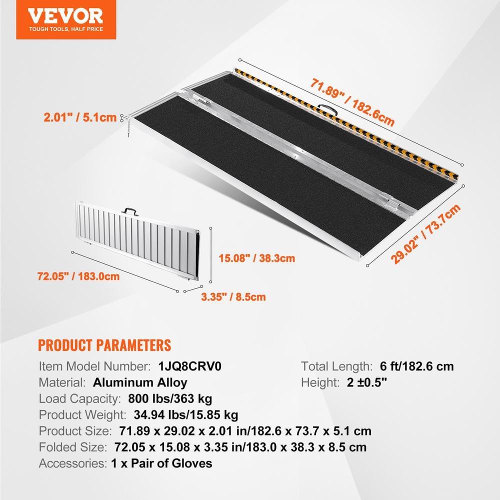 VEVOR Portable Wheelchair Ramp - 6 ft, 800 lbs Capacity, Non-Slip Aluminum, Folding Threshold Design, Suitable for Mobility Scooters, Home Steps, Stairs, Doorways, Curbs