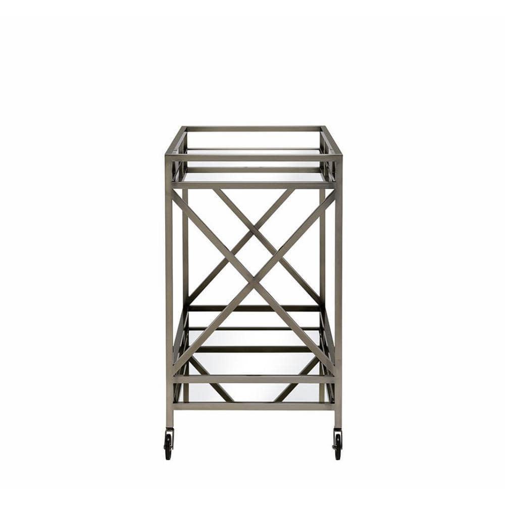 Benzara Metal Framed Two Tier Serving Cart with X Shaped Side Panels, Mirrored, Antique Gold