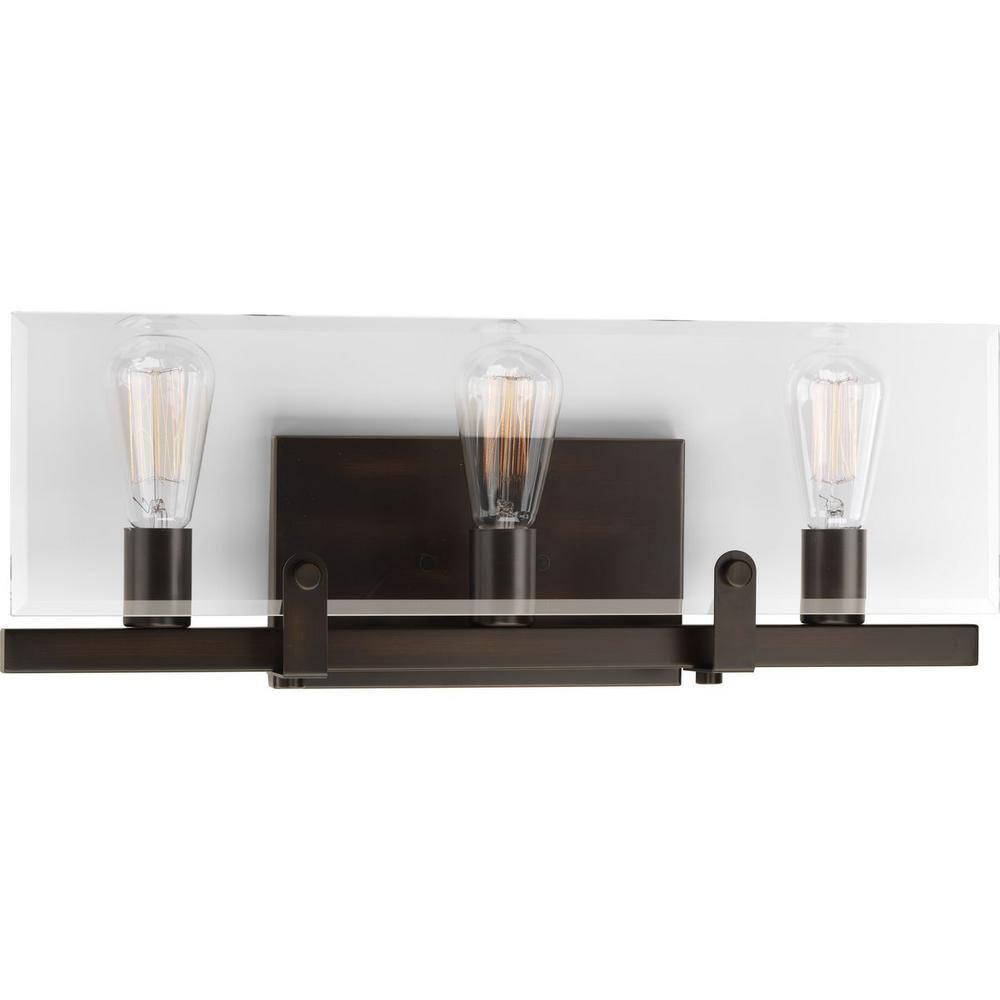 Progress Lighting Glayse 3-Light Bath Vanity, Antique Bronze, Beveled Glass Shade