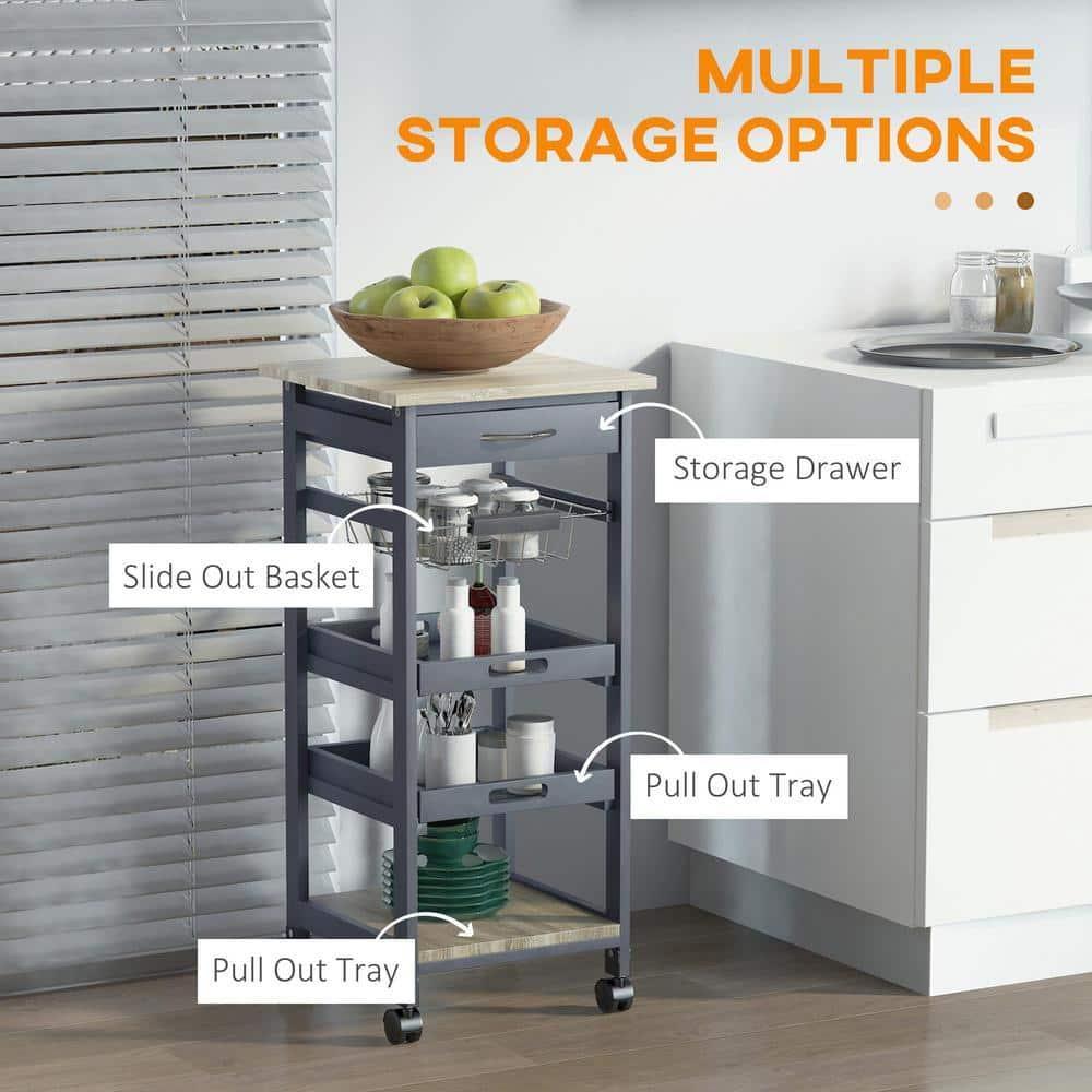 Mobile Rolling Kitchen Island Trolley Serving Cart with Underneath Drawer & Slide-Out Wire Storage Basket, Grey