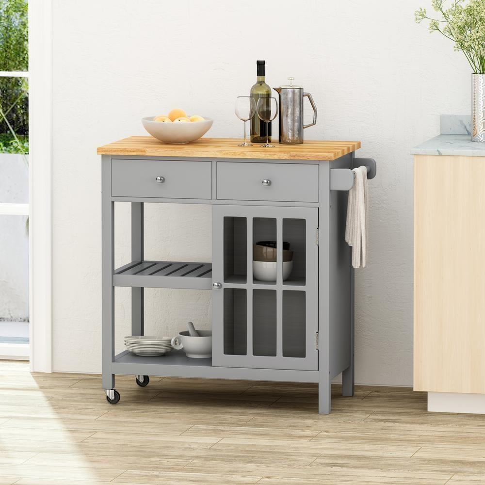 Noble House Rodrick Rubberwood Kitchen Cart, Gray, Natural