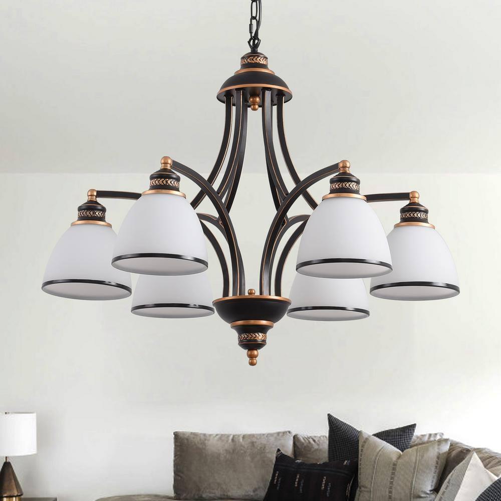 Modern 6-Light Chandelier With Frosted Shade,Metal Lights Fixture, Adjustable Height Pendant Lighting, Black Chandeliers for Dining Room Kitchen Island, Hanging Lights for Bedroom Farmhouse