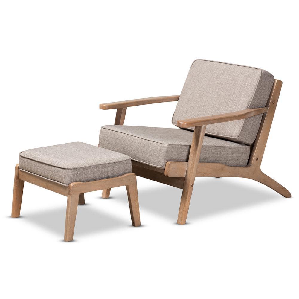 George Oliver Emsworth Mid-Century Modern 2-Piece Antique Oak Finished Armchair and Ottoman Set in Light Grey Fabric