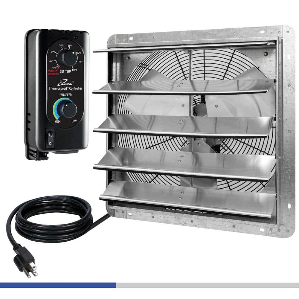 iLIVING ILG8SF20V-ST 20" Wall Mounted Shutter Exhaust Fan, Automatic Shutter, with Thermostat and Variable Speed controller, 2.2A, 3368 CFM, 5000 SQF Coverage Area Silver