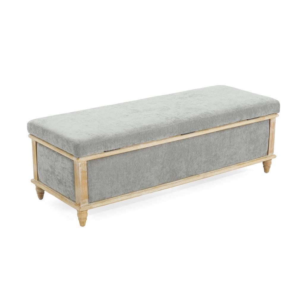 GDF Studio French Country Fabric Storage Ottoman Bench with Weathered Wood Frame, Gray