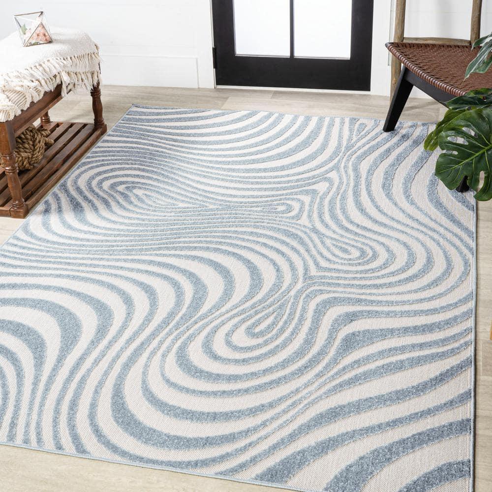 JONATHAN Y Maribo High-Low Abstract Groovy Striped Light Blue/Ivory 5 ft. x 8 ft. Indoor/Outdoor Area Rug