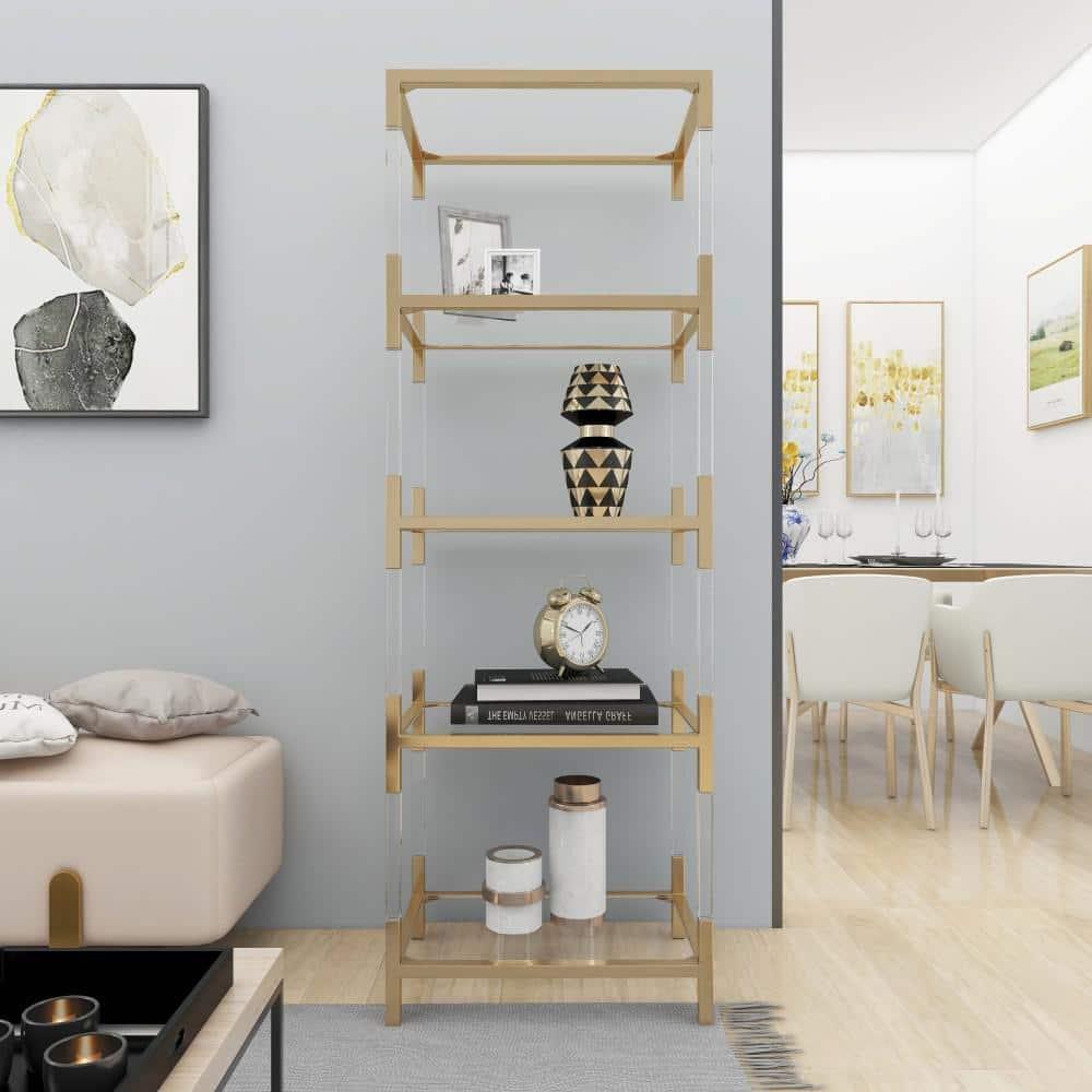 69" Metal and Acrylic Bookcase Gold - Olivia & May: No Assembly, 5 Fixed Shelves