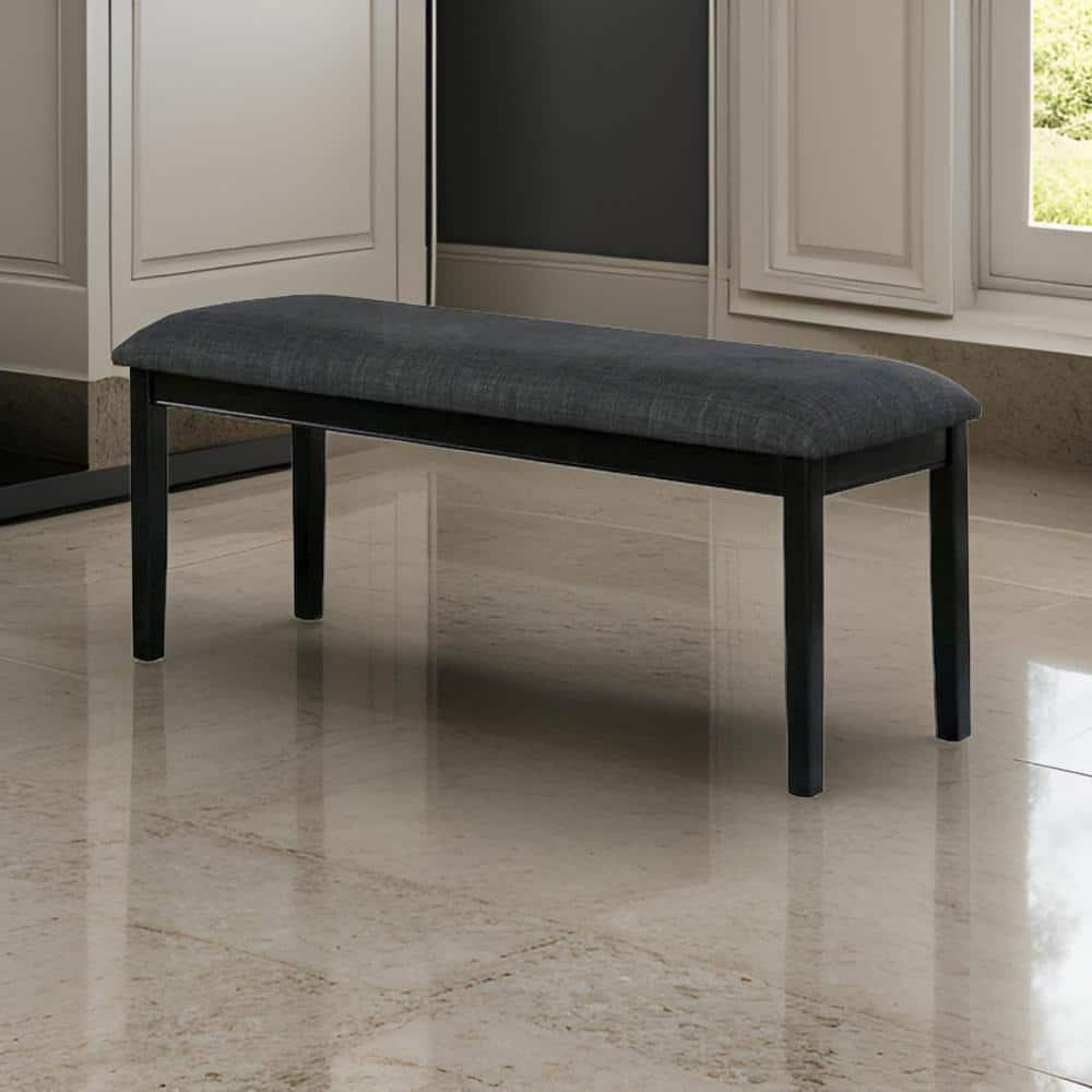 Benjara Fabric Seat Bench with Wooden Sleek Block Legs, Black and Gray