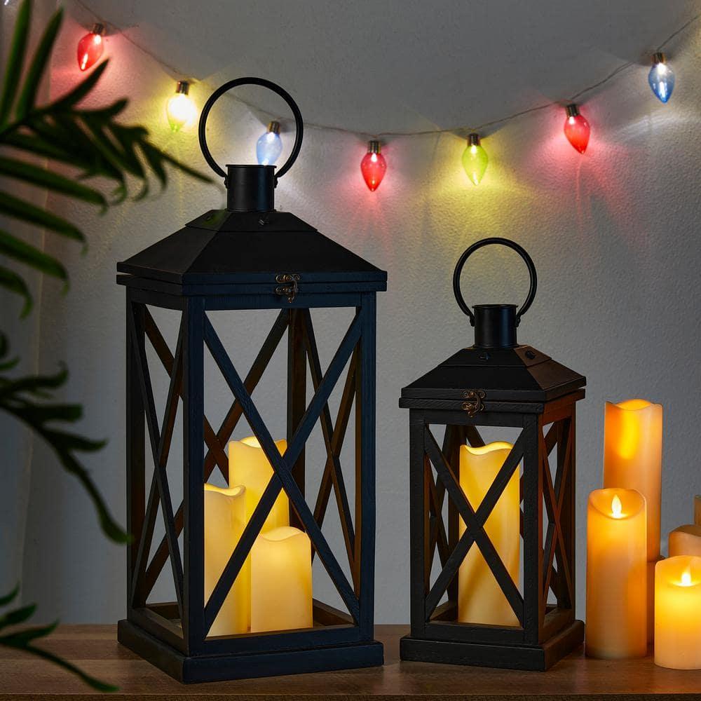 Glitzhome Modern Farmhouse Wooden Lantern Hanging Decorative Candle Lantern for Outdoor & Indoor Black Set of 2 (No Glass)