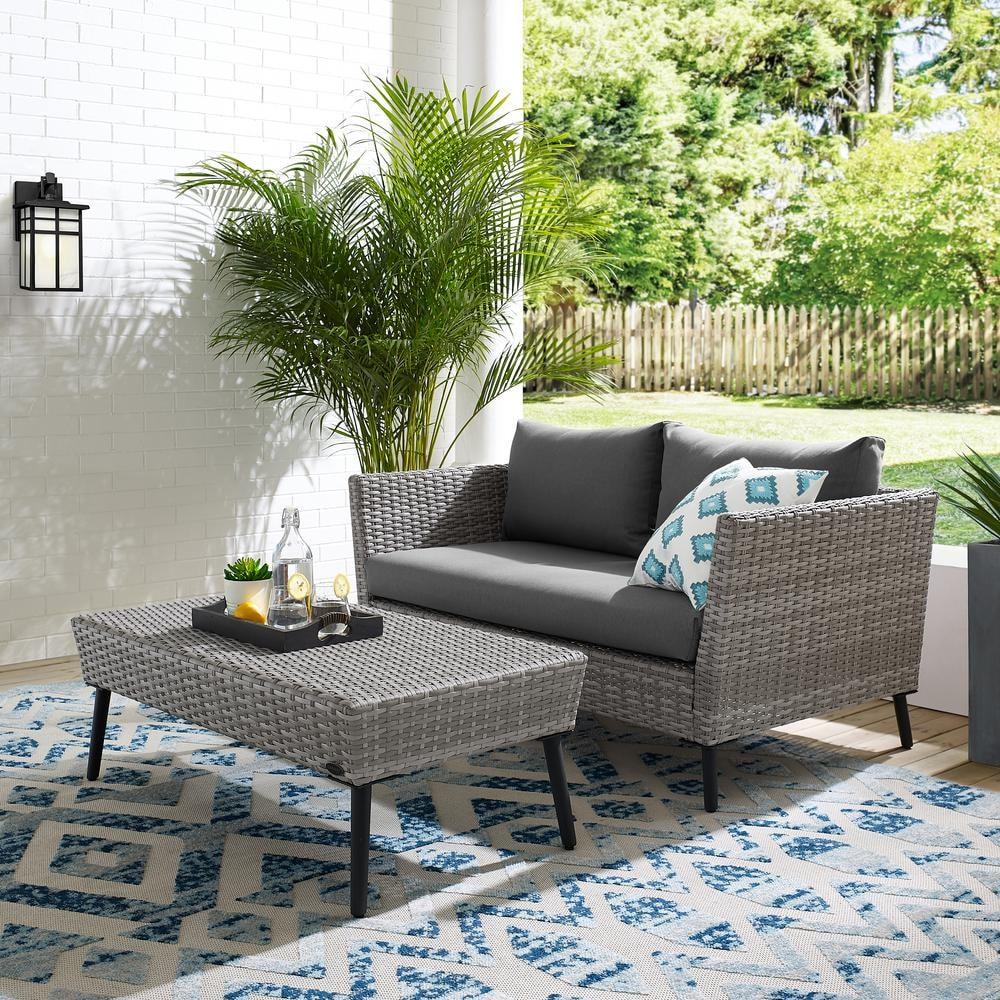 2pc Richland Outdoor Patio Loveseat and Coffee Table Set - Gray - Crosley