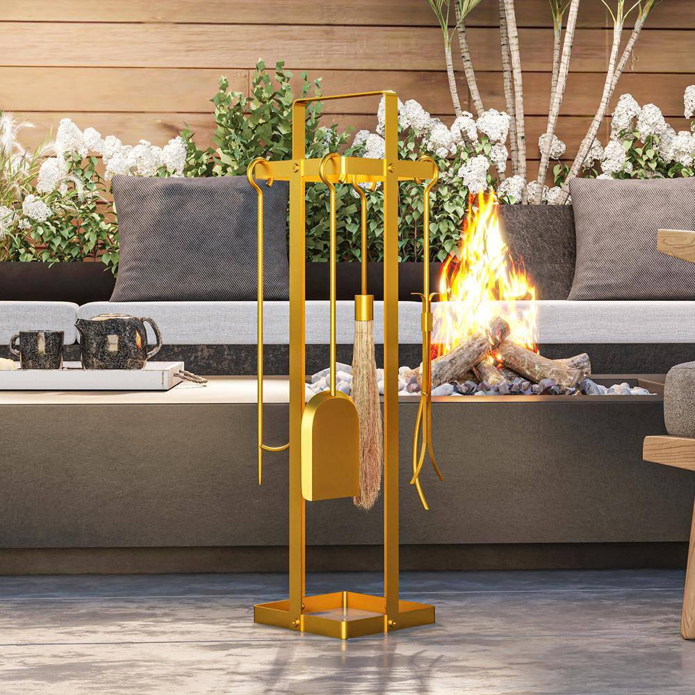 Outsunny 5 Piece Fireplace Tools Set, Metal Fireplace Accessories Set with Brush, Poker, Shovel, Tongs and Stand for Indoor or Outdoor Chimney, Gold