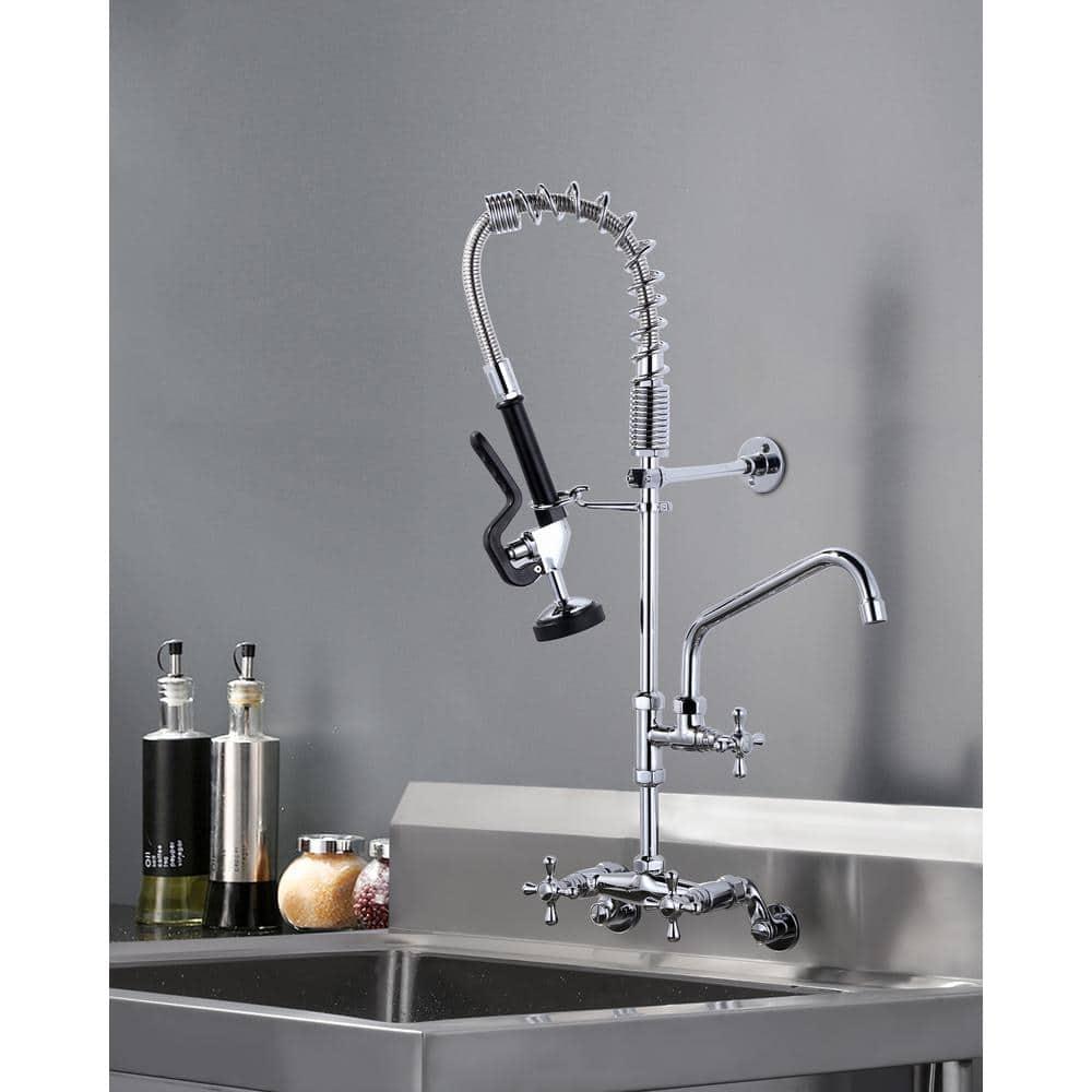26 in. Commercial 3-Handle Pull Down Kitchen Faucet Wall Mount with Pre Rinse Sprayer in Chrome