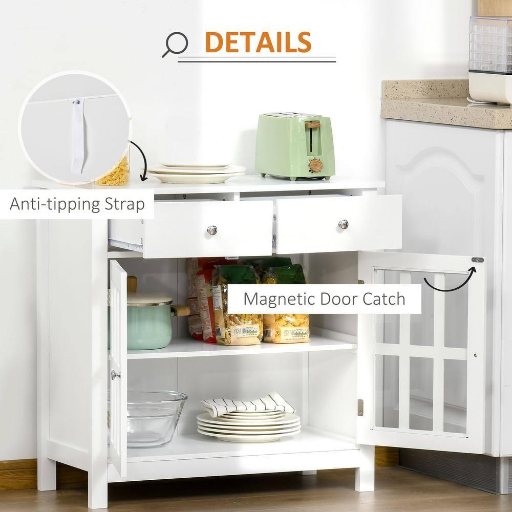HOMCOM Sideboard Buffet Cabinet, Storage Cupboard with Glass Doors, Adjustable Shelf and 2 Drawers for Kitchen, White