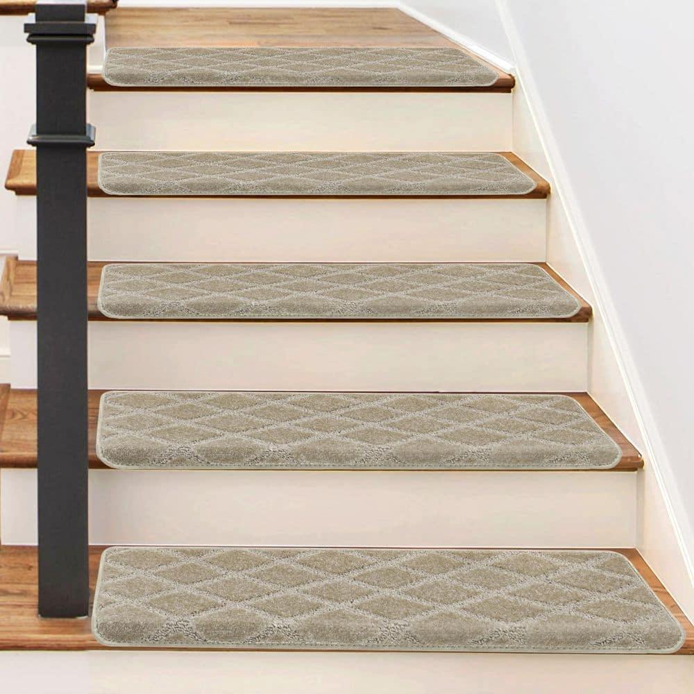 PURE ERA Bullnose Carpet Stair Treads Protectors for Wooden Steps 9.5" x 30"x1.2" Pet Friendly Tape Free Non-Slip (Set of 14 Pieces,Cream Gray Diamond Trellis)