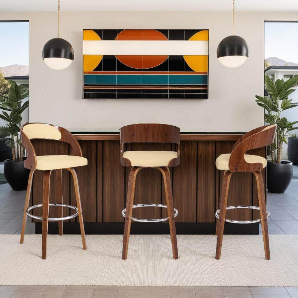 30" Shelly Contemporary Swivel Barstool Walnut/Cream - Armen Living: Eames Inspired, Chrome Footrest