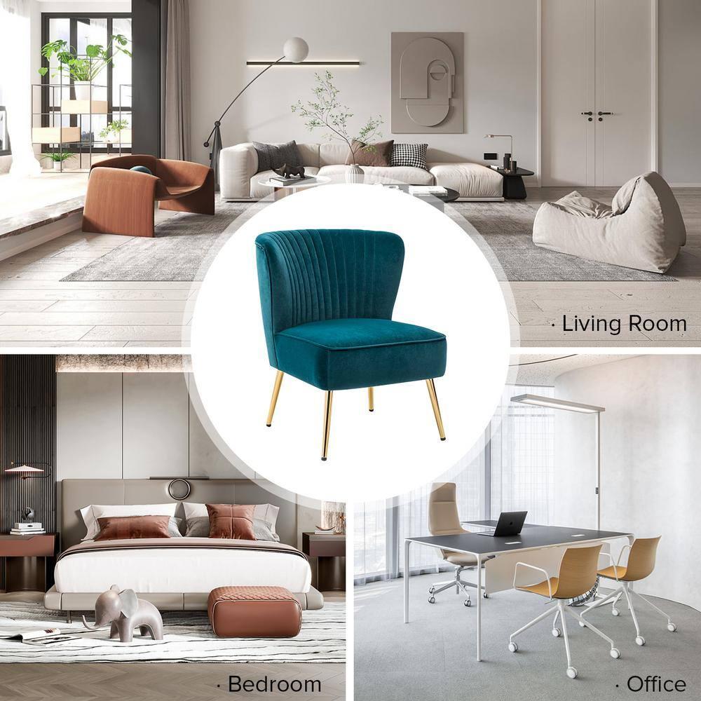 Velvet Upholstered Side Chair Armless Tufted Wingback Metal Legs Dining Living Bedroom Adult Teal