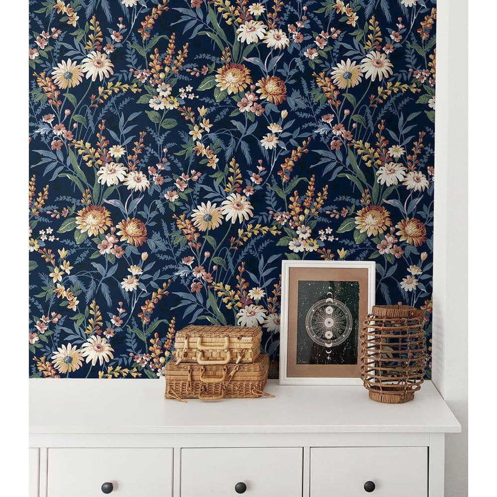 NextWall  Vintage Floral Peel and Stick Wallpaper 20.5 in. W x 18 ft. L - Navy Blue