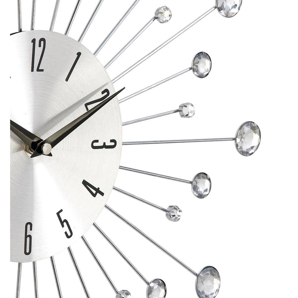 DecMode 15" Silver Metal Starburst Wall Clock with Crystal Accents