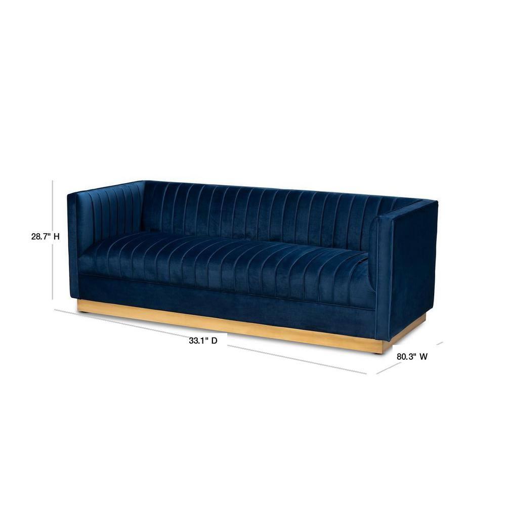Aveline Velvet Upholstered Finished Sofa Navy Blue/Gold - Baxton Studio: Chic, Tufted, No Assembly, Metal Base
