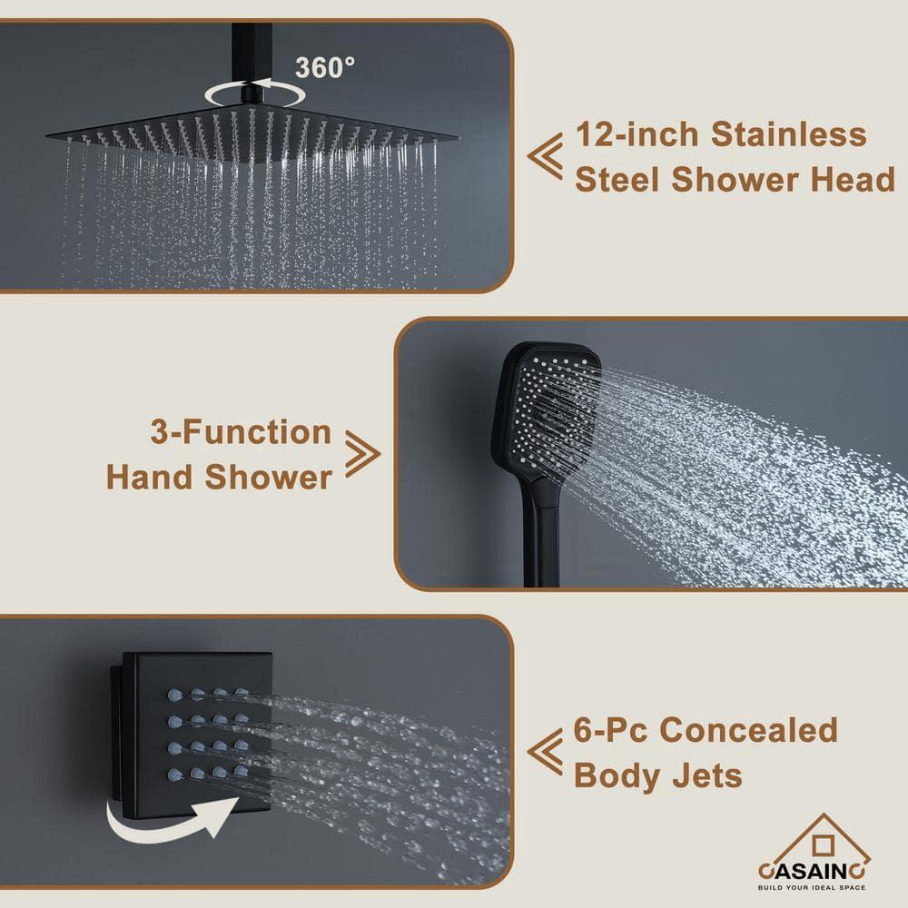 Revitalize 3-Function 12 Inch Ceiling Mount Rainfall Thermostatic Shower System with 6 Body Jets