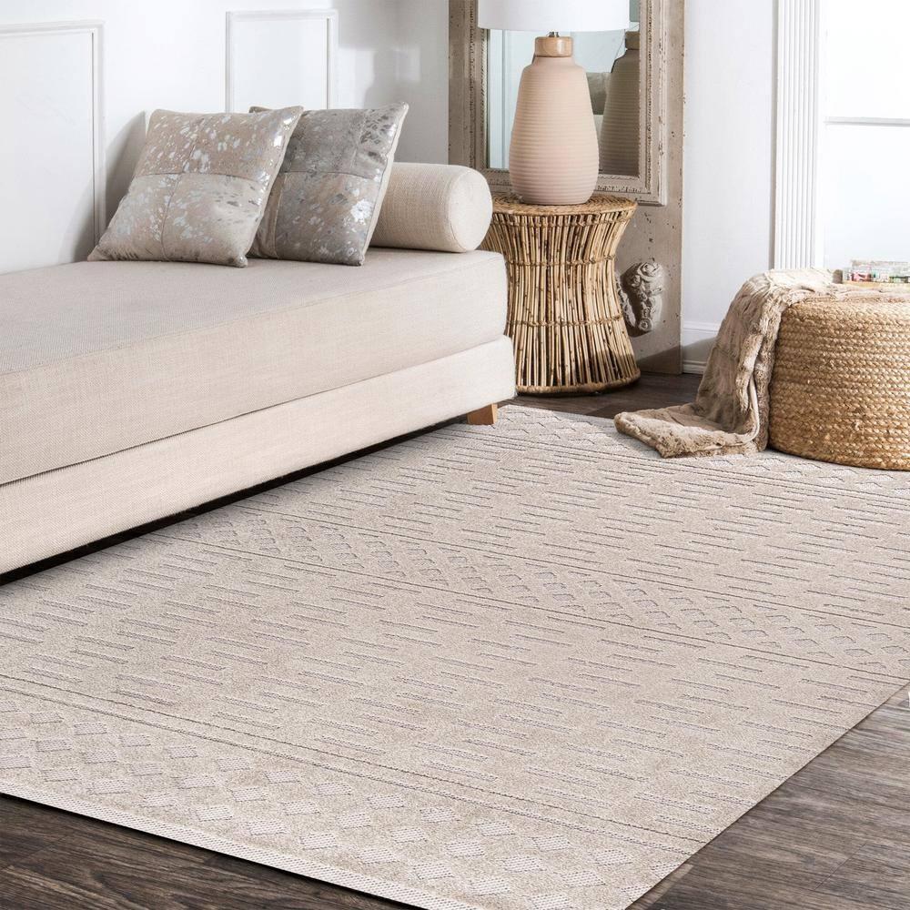 3'x5' Xlendi High-Low Pile Moroccan Geometric Indoor/Outdoor Area Rug, Beige - JONATHAN Y
