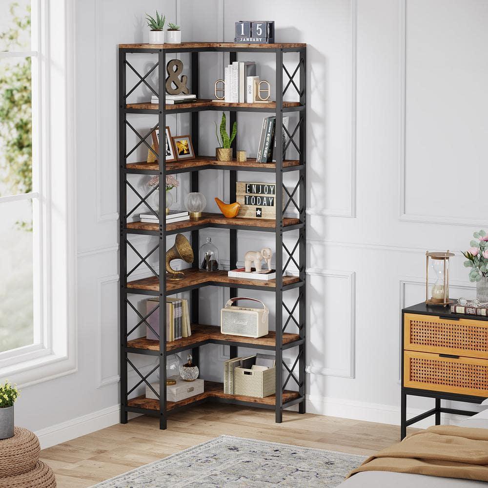 Hommoo 7-Tier Tall Corner Bookshelf Rustic Brown