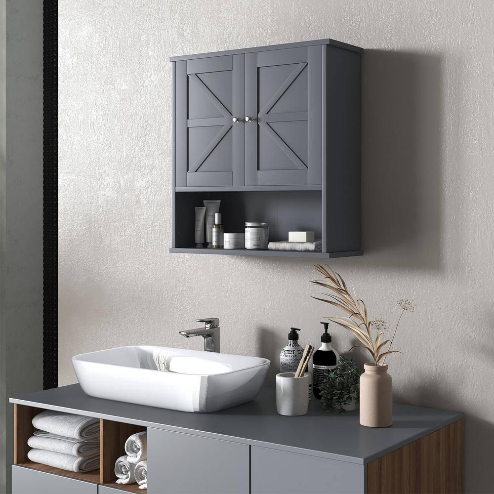 kleankin Bathroom Wall Cabinet, Farmhouse Medicine Cabinet with Open Shelf & Adjustable Shelf, Storage Cupboard for Laundry Room, Gray