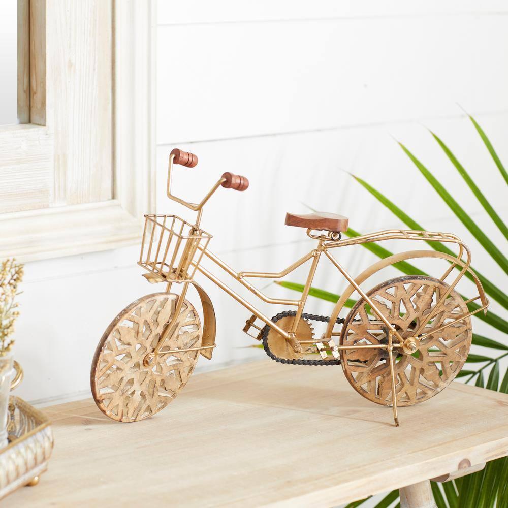 19" x 12" Gold Metal Bike Sculpture with Carved Wood Wheels, by DecMode