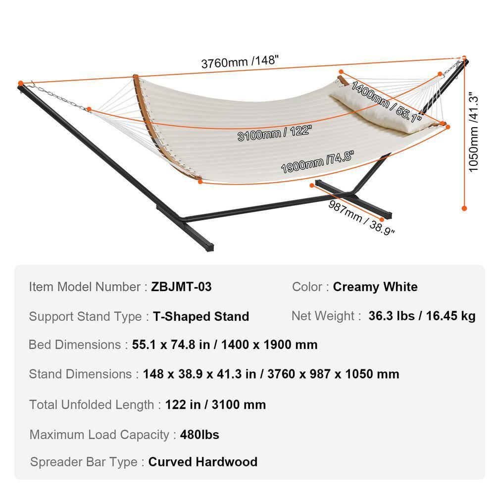 2-Person Hammock with Stand Double Hammock with Curved Spreader Bar Pillow Carrying Bag Outdoor 480 lbs. Capacity