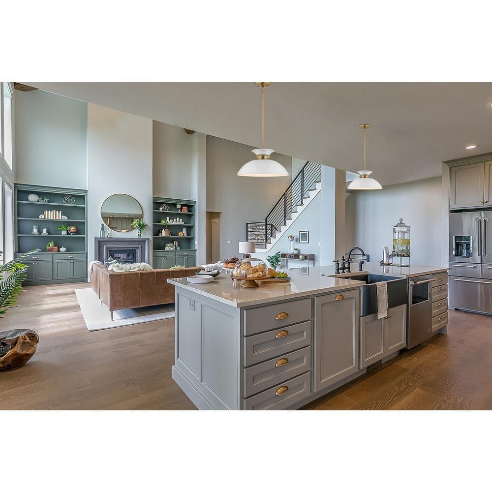 Perkins Matte White & Burnished Brass 15" Modern Bowl Pendant